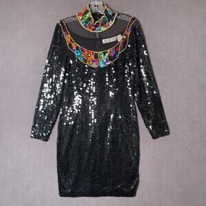 Vtg 80s Dress 12 Sequin Bead Bling Statement Rainbow Niteline Della Roufogali